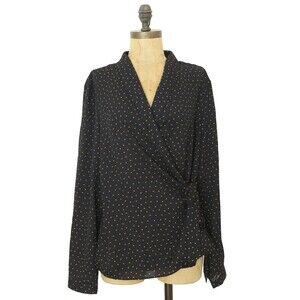 Adrianna Papell Wrap Polkadot Shirt M Long Sleeve Tie V-Neck Blouse Top EUC B67